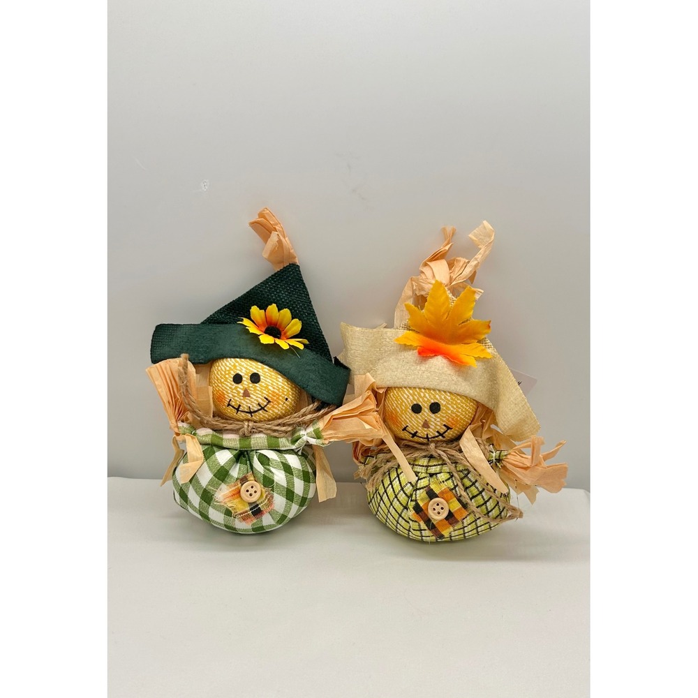 Autumn Scarecrow Figurine Set 2pc Green Yellow Gingham Plaid Fall Harvest Decor